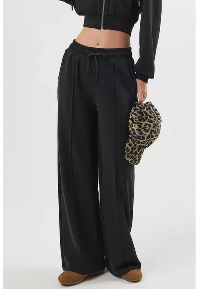 Pantaloni dama picior drept - talie elastica - negru - textil - Negru