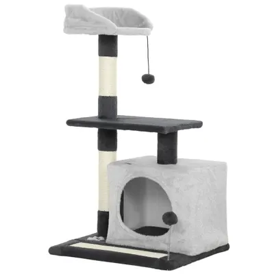 PawHut Ansamblu de joacă pentru pisici cu căsuță, Culcuș, Stâlpi și Covor, 85cm, Gri | Aosom Romania
