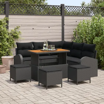 Set canapea gradina Gossi cu 9 piese si perne negru ratan acacia, set canapea 2 locuri Gossi cu perne negru ratan, set dining gradina Gossi cu 4 piese si perne negru ratan acacia