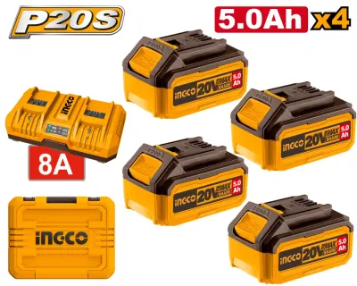 Set baterii 20V 5.0Ah (4 buc) cu incarcator dublu 4A+4A, pentru scule P20S, acumulator INGCO FBCLI20285