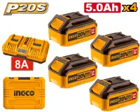 Set baterii 20V 5.0Ah (4 buc) cu incarcator dublu 4A+4A, pentru scule P20S, acumulator INGCO FBCLI20285