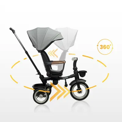 Tricicleta pentru copii Toyz Saber Grey, pliabila, multifunctionala cu spatar reglabil si pozitie de somn, copertina si maner parinte cu inaltime reglabila, pana la 25 kg