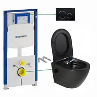 Set vas wc suspendat cu functie bideu si baterie inclusa Foglia Oslo, rezervor wc incastrat si clapeta negru lucios, Geberit Sigma
