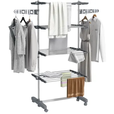 HOMCOM Uscător de Rufe Pliabil, Uscător Vertical cu 6 Roți, Cârlige și 4 Rafturi Reglabile, 142x55x172 cm, Argintiu | Aosom Romania