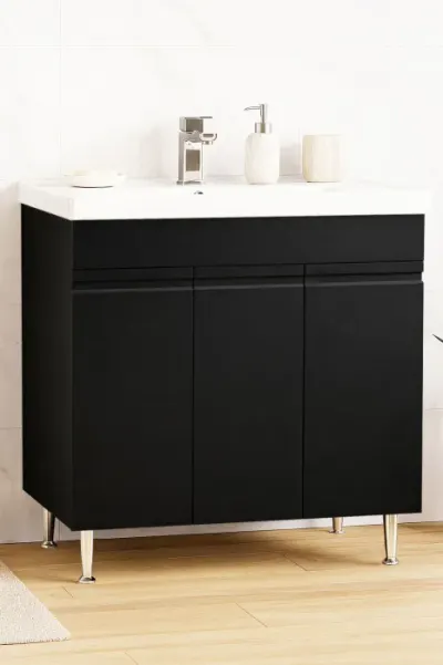 Set Baza front MDF si Lavoar seria 786, montata, 80 cm, negru