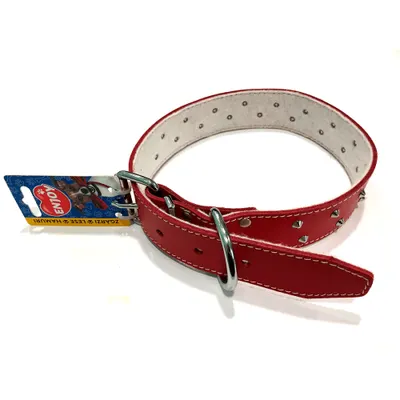 Zgarda din piele, rosie, cu tinte, 40 mm x 700 mm