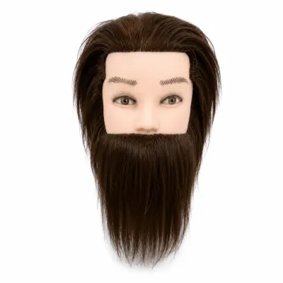 Cap de Practica pentru Frizerie - Par Uman si Barba Lunga, Negru/Saten Inchis