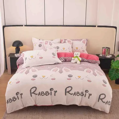 Lenjerie Pat 1 Persoana, Jojo Home, CoCoLiNo (Fleece), 4 piese, Alb, Roz, Iepurasi