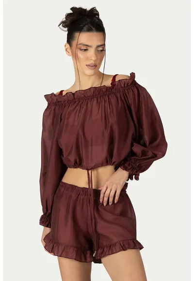 Set de bluza crop de plaja si camasa - 2 piese - Rosu inchis