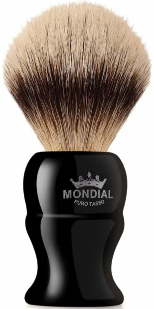 Mondial 1908 Perie de bărbierit cu păr din Silver Badger, mărimea L, mâner negru