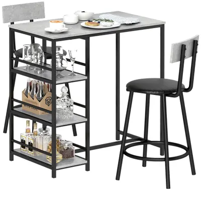 HOMCOM Set Masă de Bar cu 3 Rafturi și 2 Scaune cu Spătar, 90x50x90.5 cm, Gri Deschis | Aosom Romania