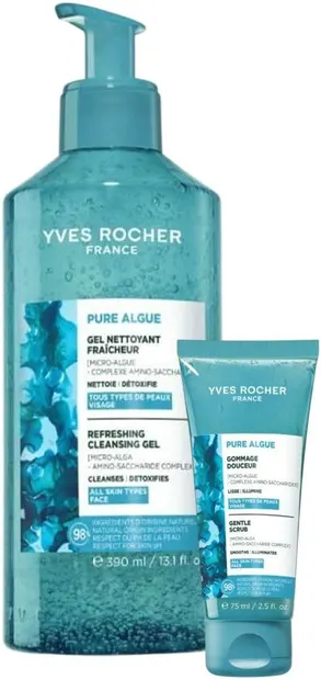 Yves Rocher Pure Algue Set - Spălare facială și Exfoliant, 390 + 75 ml