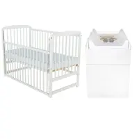 Set mobilier pentru copii, BabyNeeds: Patut din lemn de pin, cu laterala culisanta si somiera reglabila in 3 trepte, Ola, 120x60 cm + Saltea cocos-burete-cocos, 10 cm + Comoda cu masuta de infasat, Alb