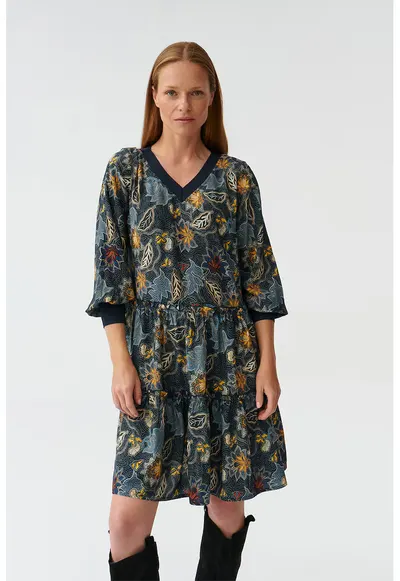 Rochie cu decolteu in V si model floral - Visiniu/Galben/Albastru