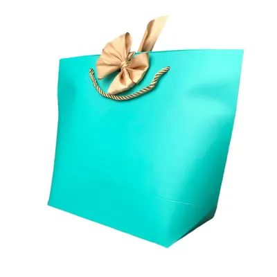 Pungi cadou cu mâner și fundă aurie - turcoaz (set 12 buc) - 28x20x9cm