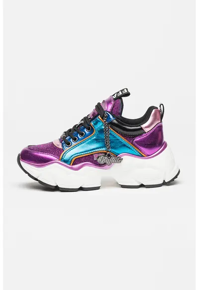 Pantofi sport demi-wedge de piele ecologica cu aspect colorblock - Violet/Alb murdar/Albastru