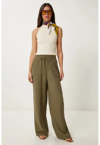 Pantaloni dama - Happiness Istanbul - talie cu snur - picior larg - verde - bumbac