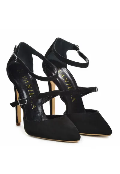 Pantofi Stiletto cu toc subtire Dora - piele naturala intoarsa - negri