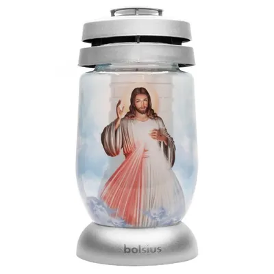 Candela Bolsius din Sticla 3 l cu Hristos, Argintie, 36 Ore
