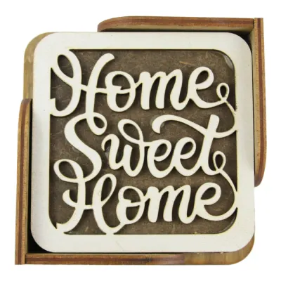 Set 6 suporturi pahare din lemn 10 cm Home Sweet Home