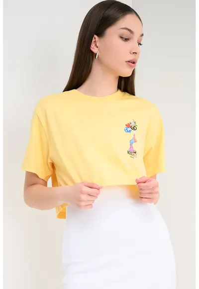 Tricou crop cu decolteu la baza gatului - Rosu/Galben vanilie/Albastru
