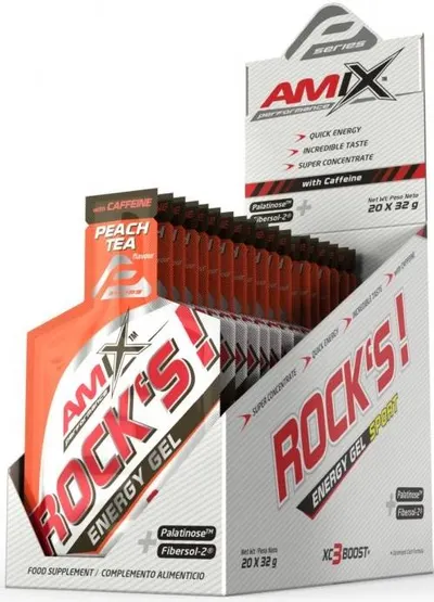 Rock's Energy Gel with Caffeine Box, ceai cu gheață de piersici, 20 shoturi x 32 g, Amix