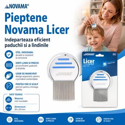 Pieptene Novama Licer pentru indepartarea paduchilor si a lindinilor, din otel inoxidabil, dinti lungi, 50 x 50 mm