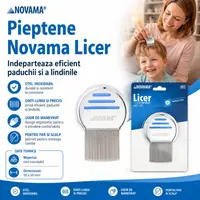 Pieptene Novama Licer pentru indepartarea paduchilor si a lindinilor, din otel inoxidabil, dinti lungi, 50 x 50 mm