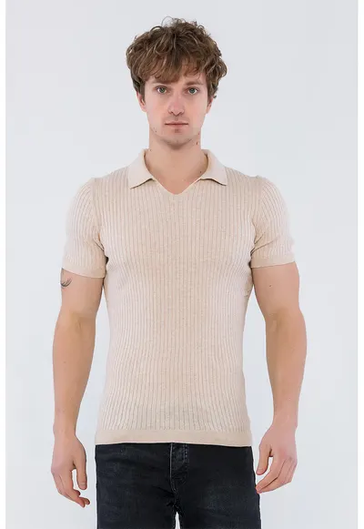 Tricou polo striat - Bej