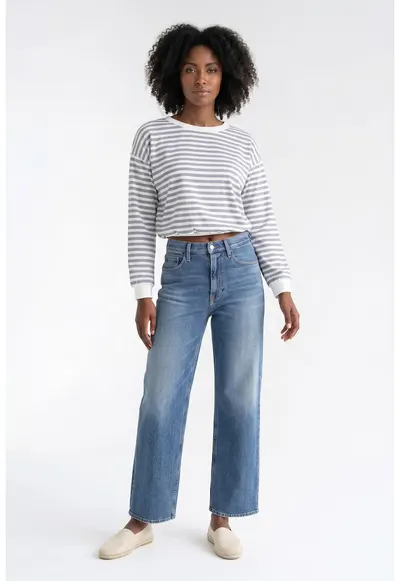 Bluza de zi cu zi cu decolteu rotund - maneca lunga - croiala regular - scurta - din bumbac - M1373 - Gri