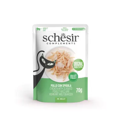 Hrana umeda pentru pisici Schesir plic Pui si Biban in jeleu 70gr
