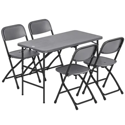 Outsunny Set Masă și Scaune Pliabile de Grădină, 5 Piese, Masă Reglabilă cu Blat HDPE Efect Lemn și 4 Scaune, Set Mobilier Exterior pentru Terasă și Balcon, Gri Închis | Aosom Romania