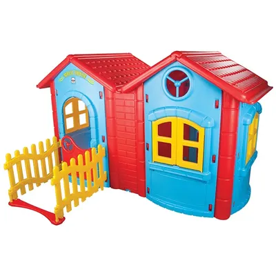 Casuta dubla pentru copii Pilsan Magic Twin House Blue cu gardulet,realizata din plastic durabil,dimensiune 172 x 220 x 131 cm