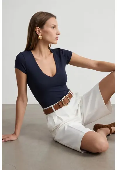 Bluza dama - slim fit - decolteu in V - bleumarin - jerseu din bumbac - tencel si elastan