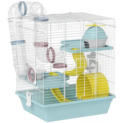 PawHut Cușcă pentru Hamsteri cu 3 Niveluri și 12 Tuburi, Căsuță, Rampă, Boluri, Rezervor de Apă și Tavă Antipicurare, Cușcă din Metal și Plastic, 34,5x27,5x41 cm, Albastru | Aosom Romania