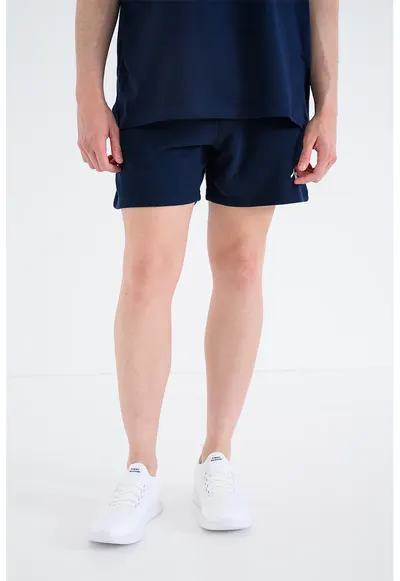 Pantaloni scurti din bumbac cu imprimeu logo - Bleumarin