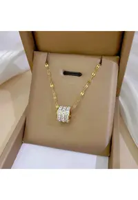 Colier auriu - din otel inoxidabil - cu pandantiv rotund - suflat cu aur 18k - Alvina C1