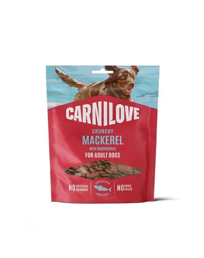 Recompense crocante câini adulți CARNILOVE Crunchy Snack Mackerel 200 g cu macrou și zmeură