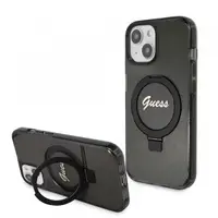 Husa MagSafe pentru Apple iPhone 15, Guess, Ring Stand Script Glitter, Neagra