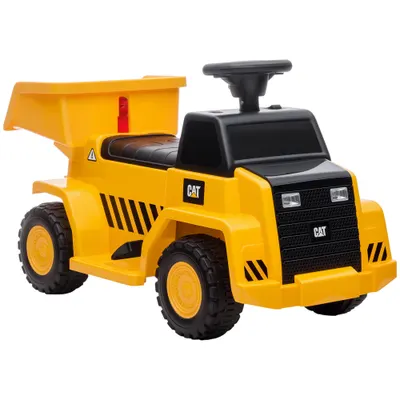 HOMCOM Camion Jucarie Electric cu Licenta CAT, Bena de Descarcare Posterioara, Faruri si Efecte Sonore pentru Copii 18-36 Luni, 74.5x36x43.5 cm, Galben si Negru | Aosom Romania