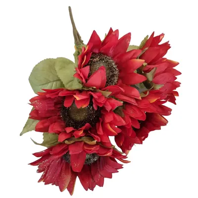 Floarea soarelui rosu cu portocaliu cu sclipici aspect natural buchet artificial 5 capete