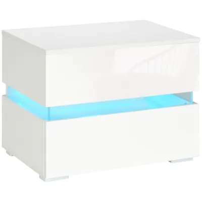Noptieră cu LED HOMCOM | 2 Sertare cu Luciu | LED-uri RGB cu 16 Culori și 4 Moduri | Telecomandă | Alb | Aosom Romania