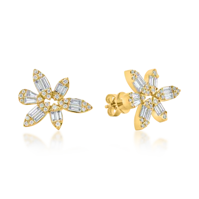Cercei floare din aur galben cu diamante baguette si rotunde de 1.6ct
