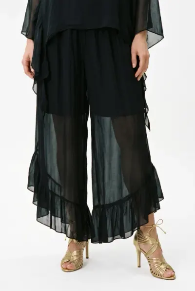 pantaloni dama eleganti din matase si vascoza cu volan la baza si dublura scurta, negri
