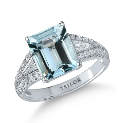 Inel din aur alb cu acvamarin rectangular de 2.4ct si diamante de 0.5ct