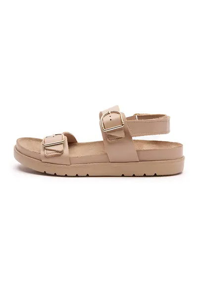 Sandale de piele cu talpa plata si velcro Grace - Bej sampanie