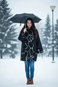 Jacheta calduroasa negru cu model abstract alb a, croiala larga si confortabila