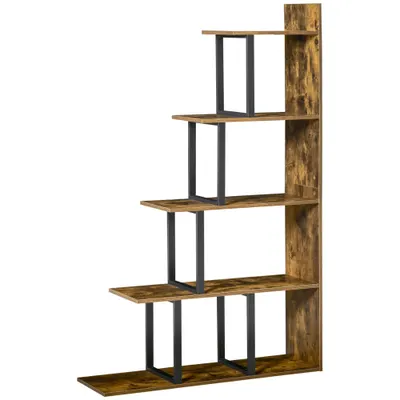 HOMCOM Bibliotecă în Stil Industrial în 5 Niveluri cu Cadru din Fier 102x30x160 cm, Maro | Aosom Romania