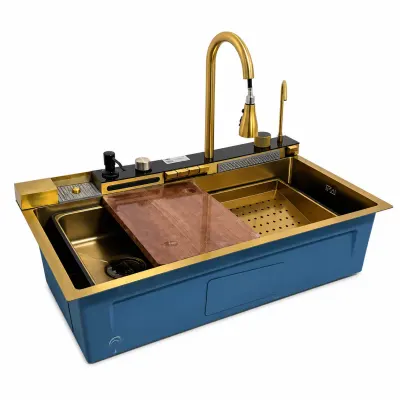 Chiuvetă modernă de bucătărie culoare: auriu, multifuncțională, duș extractibil, spălător pahare, filtrare apă, inox, calitate premium, accesorii incluse dimensiuni 800*460*220mm