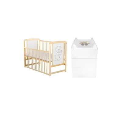 Set mobilier pentru copii, BabyNeeds: Patut din lemn de pin, cu laterala culisanta din lemn de pin si MDF, somiera reglabila in 3 trepte, Timmi, 120x60 cm + Saltea cocos-burete-cocos, 10 cm + Comoda cu masuta de infasat, Alb/Natur
